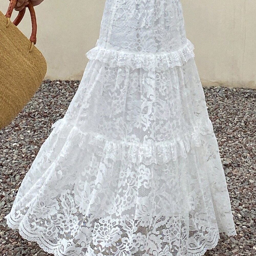 White Elegant Women's Lace Ruffle Hem Casual Flared Skirt Vacation - Picture 5 of 6